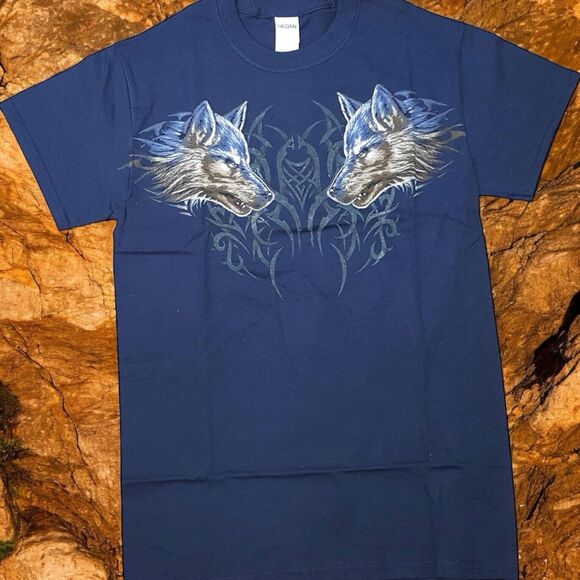 Vintage Wolf Double Heads Tribal Art Navy T-Shirt Short Sleeve Retro Size 3XL - Picture 1 of 1